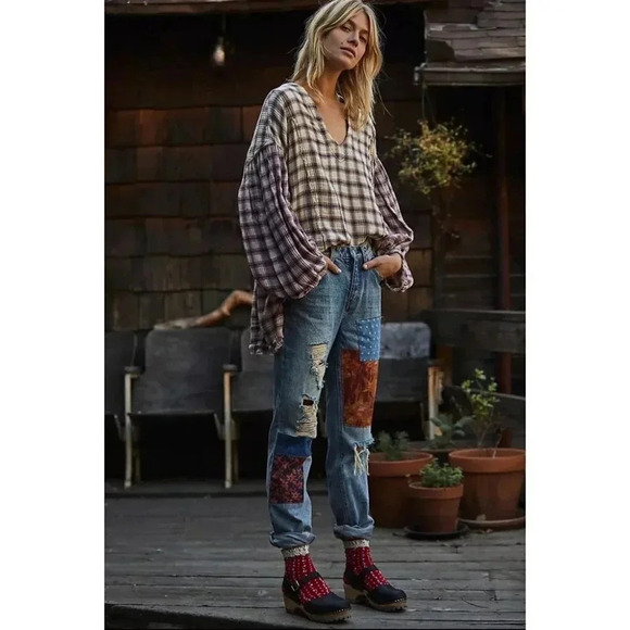 NWT Free People Belladonna Straight Leg Jeans High Rise Denim Patchwork 28 - Picture 3 of 16